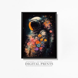 Floral Astronaut Poster Painting - Digital Print Download - Colourful Spaceman And Flowers - PRINTABLE Wall Art - Sci-fi Home Decor