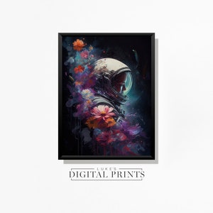 Astronaut And Flower Poster Painting - Digital Print Download - Colourful Floral Spacewoman - PRINTABLE Wall Art - Sci-fi Space Decor