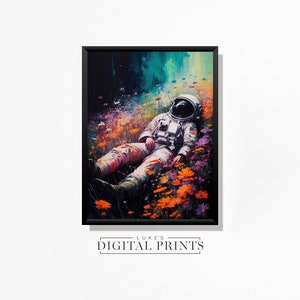 Astronaut In Field Of Flowers Poster Painting - Digital Print Download - Floral Spaceman Sleeping - PRINTABLE Wall Art