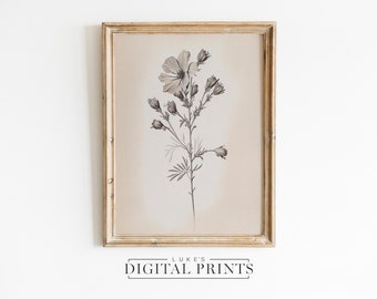 Dibujo de arte floral botánico - Descarga de impresión digital - Arte de pared con bocetos florales vintage IMPRIMIBLE - Decoración rústica de granja