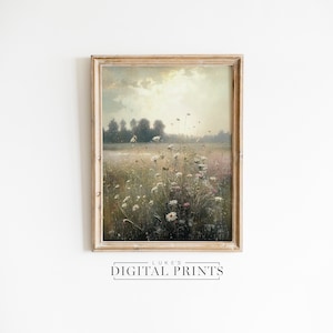 Pintura de paisaje de pradera con flores silvestres para imprimir - Descarga digital - Decoración floral campestre para el hogar - Arte mural de jardín francés