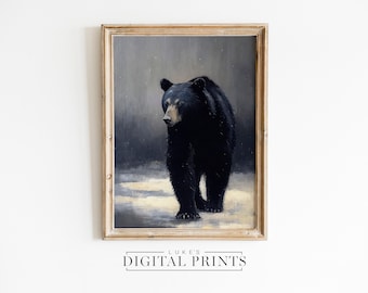 PRINTABLE Black Bear Minimalist Oil Painting - Digital Print Download - Wildlife Wall Art - Impressionist American Animal Home Decor