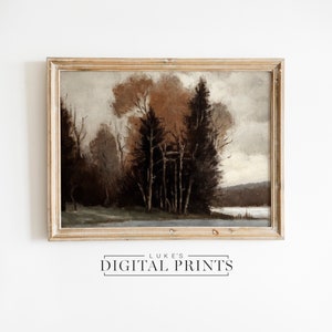 River Landscape Autumn Oil Painting - Digital Print Download - Rustic Forest And Lake Décor - PRINTABLE Fall Pine Tree Wall Art