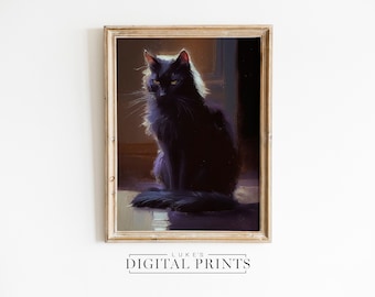 PRINTABLE Black Cat Dark Art Painting - Digital Print Download - Witchy Halloween Pet Aesthetic Print - Moody Cat Wall Decor Artwork
