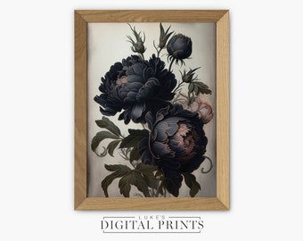 Black Floral Oil Painting - Digital Print Download - Gothic And Moody Rose Home Decor - PRINTABLE Vintage Dark Wall Art