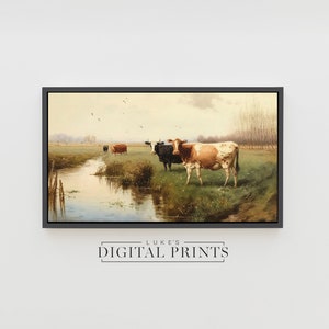 Samsung Frame TV Art - Pintura a óleo de vaca de paisagem vintage DIGITAL - Download de alta qualidade - Arte de fazenda rural inglesa