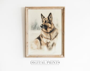 ジャーマンシェパードのイラストプリント、ヴィンテージスタイルの犬の