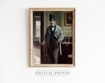 Victorian Man In Top Hat Portrait Painting - Digital Print Download - Rustic Gentleman Impressionist Artwork - Antique Male Decor PRINTABLE