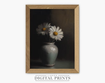 Gänseblümchen Stillleben Ölgemälde - Digitaldruck Download - Vintage Blume In Vase - DRUCKBARE Vintage Wandkunst