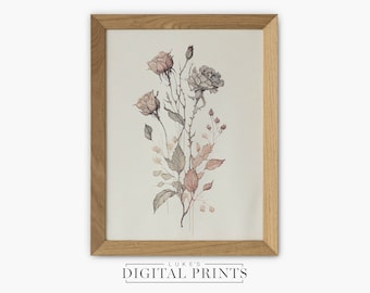 Botanischer Aquarell Blumendruck - Digital Download - Neutral Floral Rose Wanddekor - hochwertiges DRUCKBARE Kunst Poster