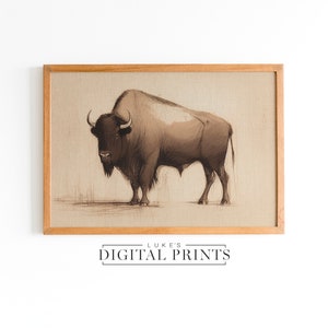 Rustic Buffalo Sketch Art - Digital  Print Download - Vintage Western Portrait Drawing Décor - PRINTABLE Minimalist Animal Wildlife Wall Art