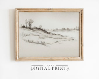 PRINTABLE Minimalist Landscape Lake Sketch Art - Digital Print Download - Vintage Neutral Drawing Wall Decor - Rustic Country Wall Art