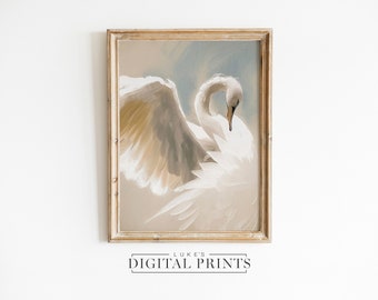 Swan Art Drawing Decor - Digital  Print Download - Minimalist Majestic Swan Illustration - Vintage Neutral Flying Bird Painting PRINTABLE