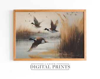 Duck Landscape Painting - Digital  Print Download - Rustic Midwest Flying Birds Drawing Wall Décor - Wildlife Art Print PRINTABLE