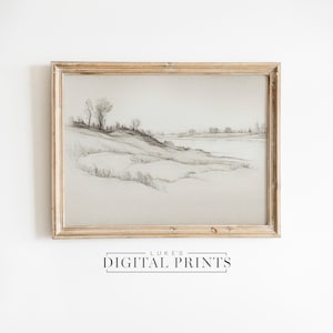 PRINTABLE Minimalist Landscape Lake Sketch Art - Digital Print Download - Vintage Neutral Drawing Wall Decor - Rustic Country Wall Art