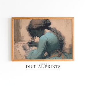 Vintage Portrait Drawing Of Woman - Digital Print Download - Moody Female Sewing Sketch Art - Rustic Portrait Wall Decor PRINTABLE