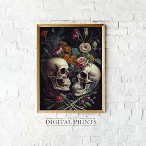 Skull Oil Painting Digital Print - Floral Skeleton Poster Download PRINTABLE - Macabre Dark Art
