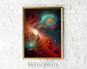 Orange Galaxy Print - Digital Space Download Poster - DRUCKBARE Wandkunst