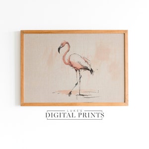 Pink Flamingo Drawing - Digital  Print Download - Rustic American Bird Portrait Sketch Wall Décor - PRINTABLE Minimalist Wildlife Art Print