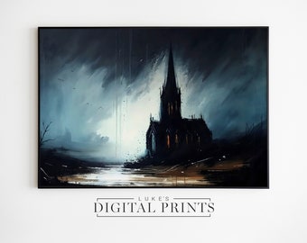 Dark Church Landschaft Ölgemälde - Digitaldruck Download - Moody Light Gothic Poster - DRUCKBARE Impressionist Dark Academia Wandkunst