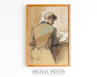 PRINTABLE Vintage Victorian Working Man Drawing - Digital Print Download - Male Portrait Art Decor - Rustic Moody Man Sketch Wall Decor