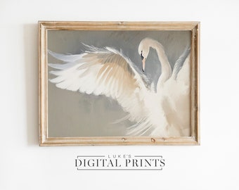 Swan Illustration Art Decor - Digital  Print Download - Vintage Neutral Flying Bird Painting - PRINTABLE Minimalist Majestic Swan Print