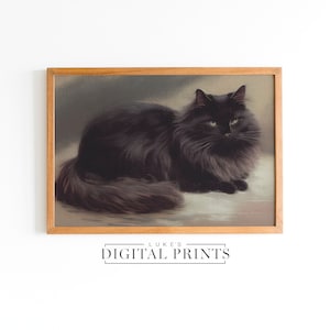 Black Cat Portrait Painting - Digital Print Download - Vintage Pet Wall Decor - PRINTABLE Animal Art - Dark Witchy Halloween Art Print