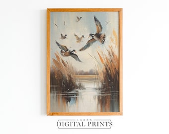 Ducks Flying Landscape Painting - Digital  Print Download - Wildlife Art Print PRINTABLE - Rustic Midwest Flying Birds Drawing Wall Décor