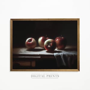 Dark Apple Still Life Oil Painting - Digital Print Download - Rustic And Moody Fruit Decor - PRINTABLE Vintage Wall Art