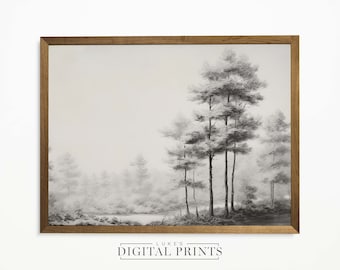 Antique Landscape Pencil Drawing Digital Print - Minimalist Vintage Forest Sketch PRINTABLE Wall Art Download