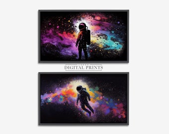 Set Of Two - Samsung Frame TV Art - Astronaut In Space Art DIGITAL Download - Colourful Spaceman Sci-fi Painting