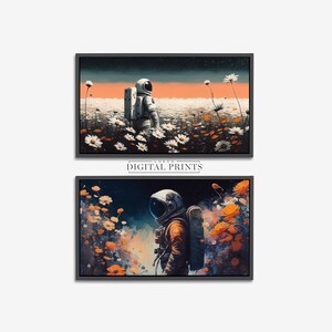 Set Of Two - Samsung Frame TV Art - Astronaut In Wildflowers Art DIGITAL Download - Spaceman Sci-fi Floral Daisy Painting - High Quality