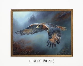 May include: A painting of a hawk flying through a misty forest. The hawk has brown and gray feathers and is in mid-flight with its wings spread wide. The background is a soft blue with hints of brown and green.