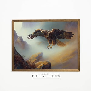 Eagle Oil Painting Digital Print Download - Vintage Bird Of Prey Landscape Art - PRINTABLE Mountain Poster