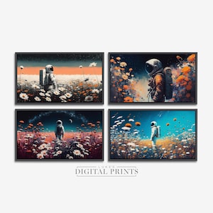 Set Of Four - Samsung Frame TV Art - Astronaut Wildflowers Paintings DIGITAL Downloads - Spaceman Sci-fi Floral Art