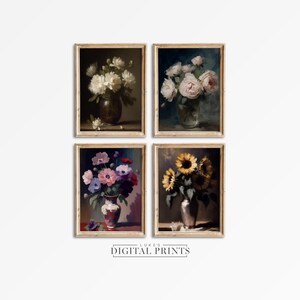 Flower Bouquet Oil Painting Collection - Digital Print Downloads - Antique Floral Still Life Decor PRINTABLE Wall Art Set Of 4