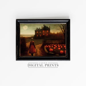 Paisaje de calabaza de Halloween IMPRIMIBLE Arte de pared - Descarga de impresión digital - Cartel de otoño iluminado por la luna - Vintage Dark Academia Gothic House Painting