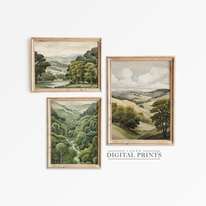 Set Of 3 Green Forest Watercolor Art Prints - Digital Painting Downloads - PRINTABLE Vibrant Forest Landscape Artworks Bundle
