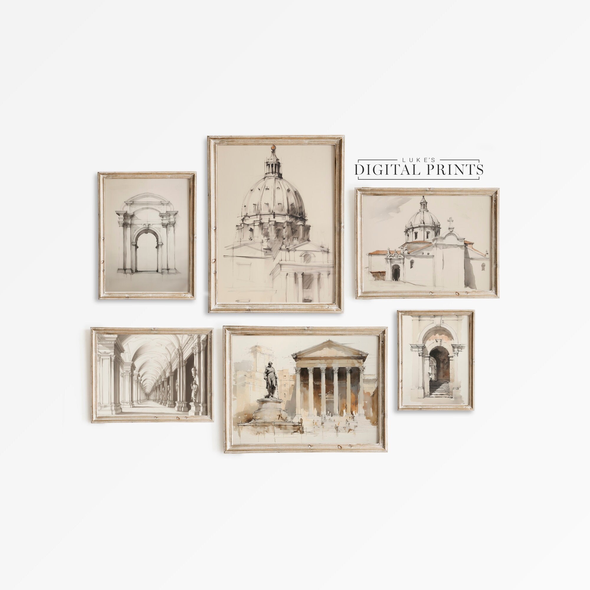 Classical Roman Architectural Drawing Print Set of 6 - Digital Art