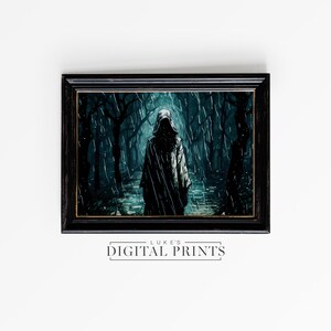 Dark Forest Portrait PRINTABLE Wall Art - Digital Print Download - Dark Academia Spooky Landscape Painting - Gothic Halloween Illustration