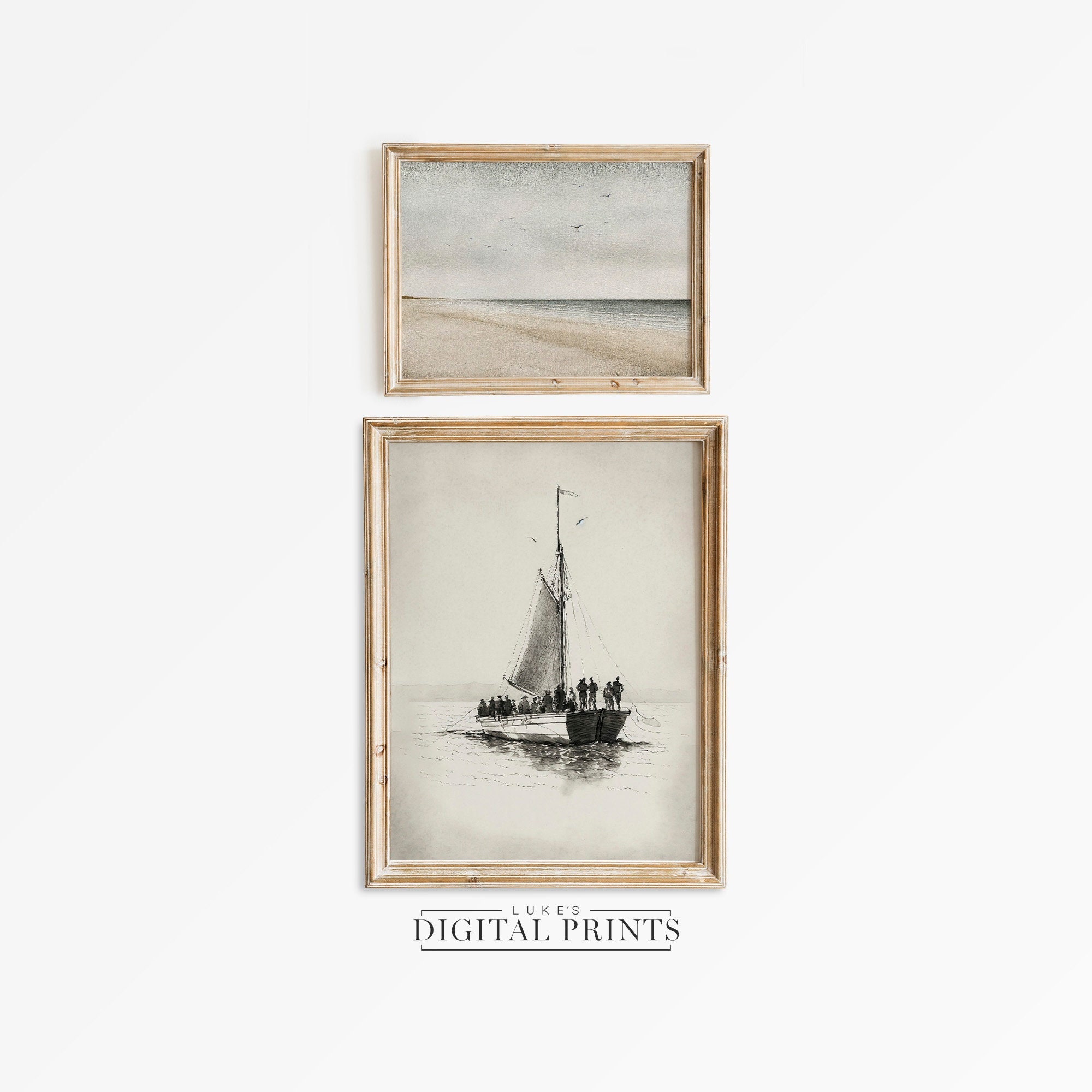 Set Of Two Seascape Paintings - Digital Print Download Bundle - Minimalist Rustic Boat & Beach Sketch's PRINTABLE Wall Art