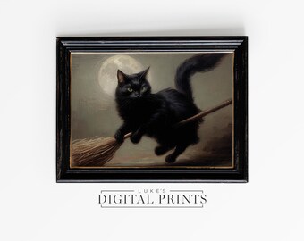 Halloween Black Flying Broom PRINTABLE Wall Art - Digital Print Download - Vintage Cute Cat Portrait - Gothic Oil Painting Decor