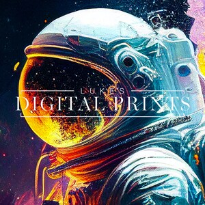 May include: A digital art print featuring a colorful astronaut's helmet against a dark blue starry background. The text "LUKES DIGITAL PRINTS" is displayed in white.