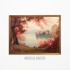 Rustic Autumn Lake Painting - Digital Print Download - Vintage River Landscape Wall Art - PRINTABLE Fall Tree Decor