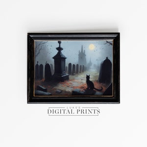 Graveyard Landscape PRINTABLE Wall Art - Digital Print Download - Spooky Halloween Fall Poster - Black Cat In Cemetery Gothic Oil Painting