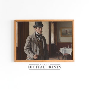 Victorian Man Top Hat Portrait Painting - Digital Print Download - Antique Male Decor PRINTABLE - Rustic Gentleman Impressionist Artwork