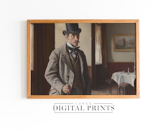 Victoriaanse man hoge hoed portret schilderij-digitale print downloaden-antieke mannelijke decor afdrukbare-rustieke gentleman impressionistische kunstwerken
