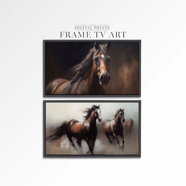 Samsung FRAME TV Art Digital Download Set Of 2 - Wild Running Horse Frame Art Downloads - Equestrian Horse Oil Painting Portrait Bundle
