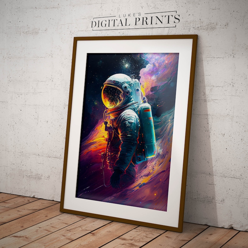 May include: A digital print of an astronaut standing in a colorful nebula. The astronaut is wearing a white helmet and a blue spacesuit. The nebula is a mix of orange, yellow, pink, and purple.
