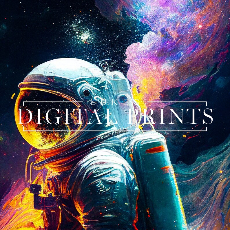 May include: A digital art print featuring an astronaut in a white helmet and suit, with a colorful nebula background. The text "LUKE DIGITAL PRINTS" is displayed in a white rectangle.